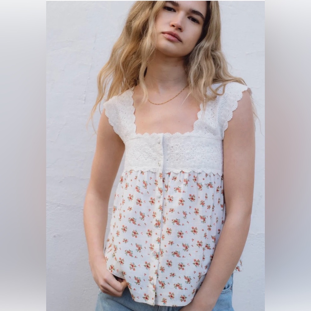 Sonmer Catalina Eyelet Trim Floral Tank Top - Cream with Rust Floral